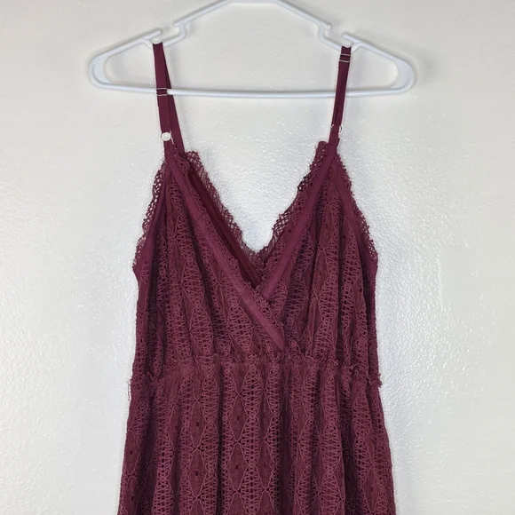 Willow & Root Earth Red Crochet V Neck Adjustible Strap Tiered Maxi Dress Length - Picture 10 of 15